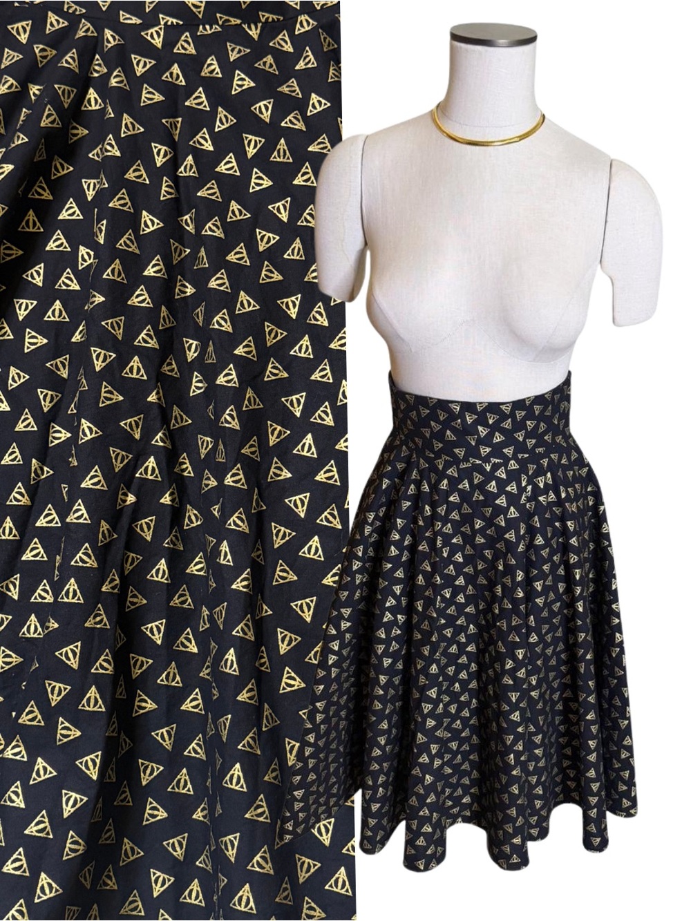 Harry Potter Handmade Black Gold Skater Skirt with Deathly Hallows Print